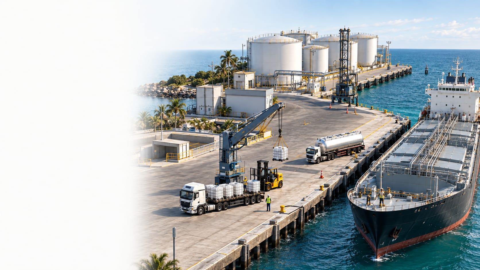 Illustrative port scene with tanker, IBCs, crane, forklift and vessel